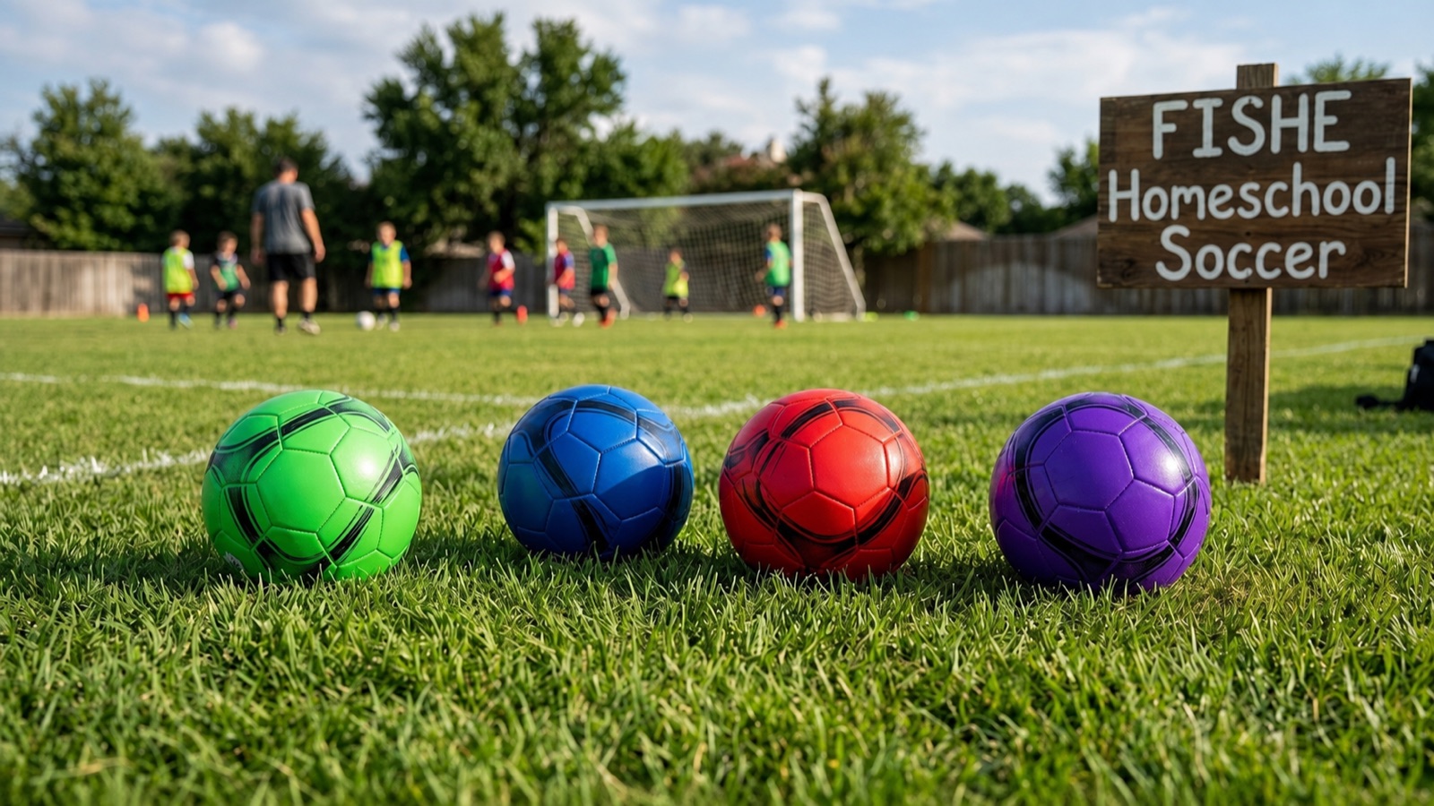 Colorful soccer balls on the field at a FISHE Homeschool Soccer practice
